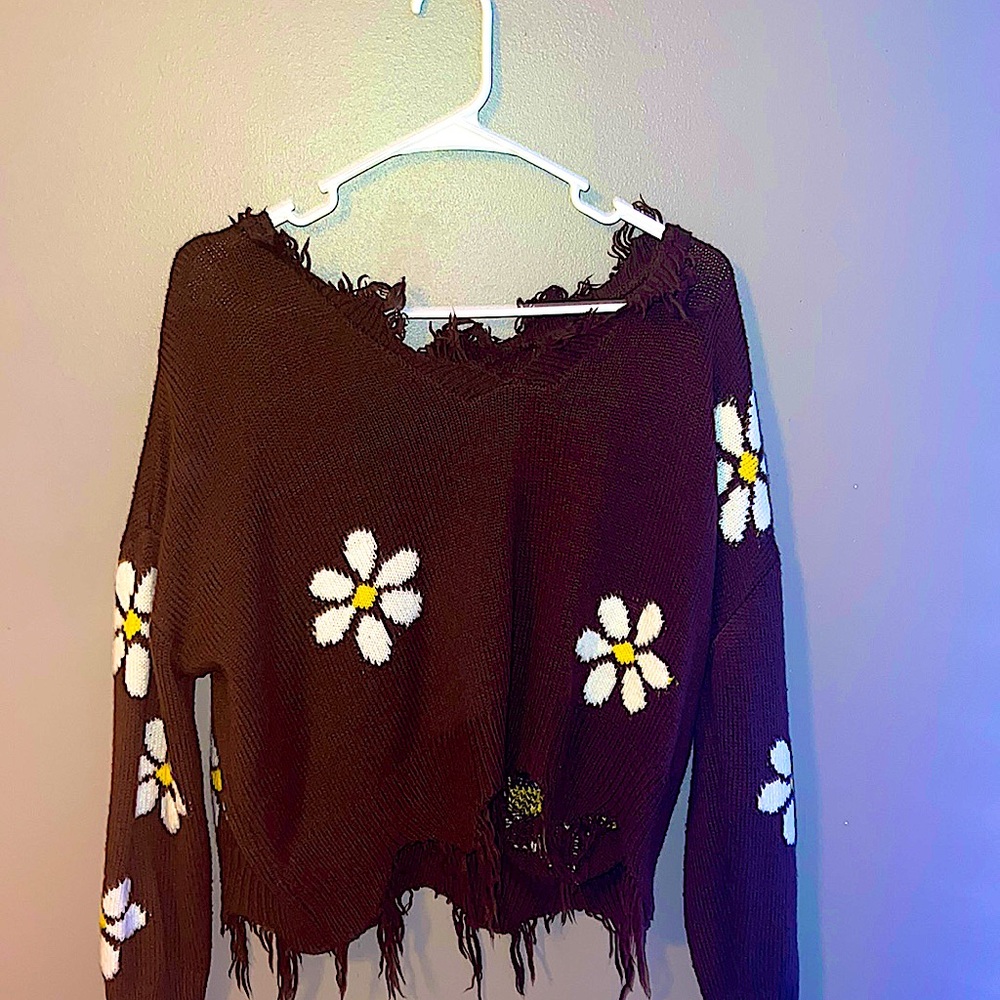 🤎🌼🤍 Brown daisy, cropped knitted sweeter.🤎🌼🤍
